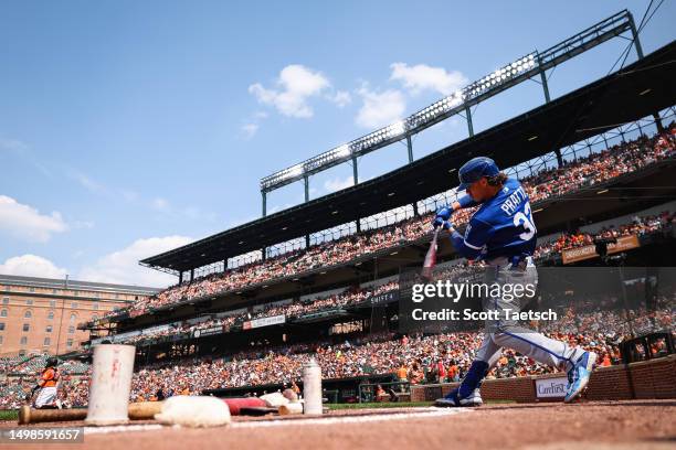 Nick Pratto of the Kansas City Royals warms up during the first inning against the Baltimore Orioles at Oriole Park at Camden Yards on June 10, 2023...