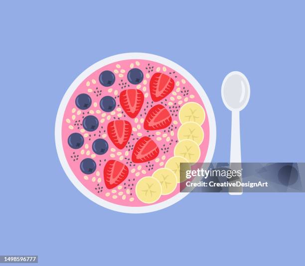 high angle view of smoothie bowl with blueberries, strawberries, bananas, oats and chia seeds. healthy eating concept - cereal bowl stock illustrations