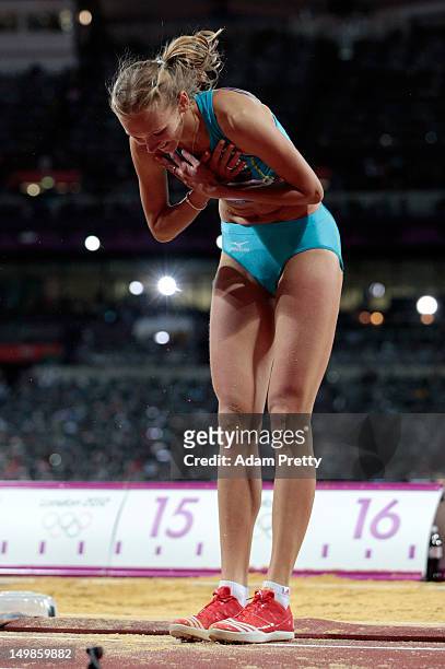 Olga Rypakova of Kazakhstan celebrates winning the gold medal after the Women's Triple Jump final on Day 9 of the London 2012 Olympic Games at the...