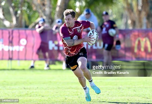 Cameron Munster in action during a Queensland Maroons State of Origin training session at Sanctuary Cove on June 15, 2023 in Gold Coast, Australia.