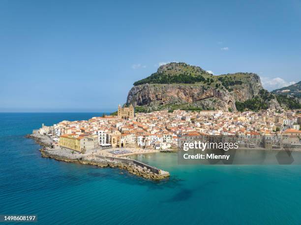 sicily cefalu town and coast italy in summer cefalù bay - messina stock pictures, royalty-free photos & images