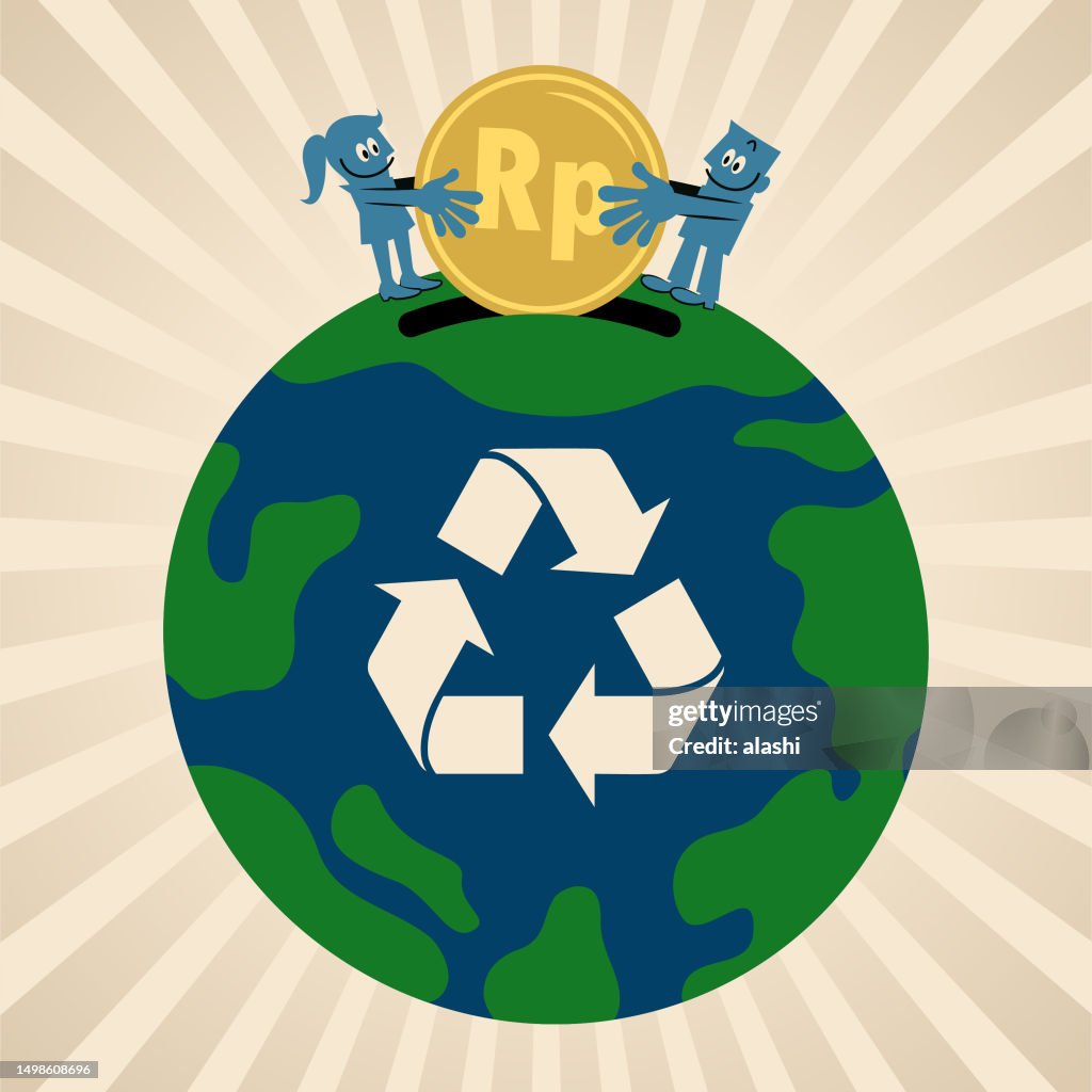 People put money into the planet Earth with a recycling symbol, the concept of sustainable business, growing a clean Eco Earth fund, and environmental protection