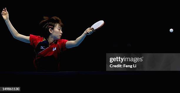 Kasumi Ishikawa of Japan competes during Women's Team Table Tennis semifinal match against team of Singapore on Day 9 of the London 2012 Olympic...