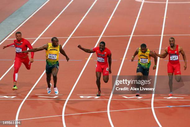 Ryan Bailey of the United States, Usain Bolt of Jamaica, Justin Gatlin of the United States, Yohan Blake of Jamaica, Tyson Gay of the United States,...