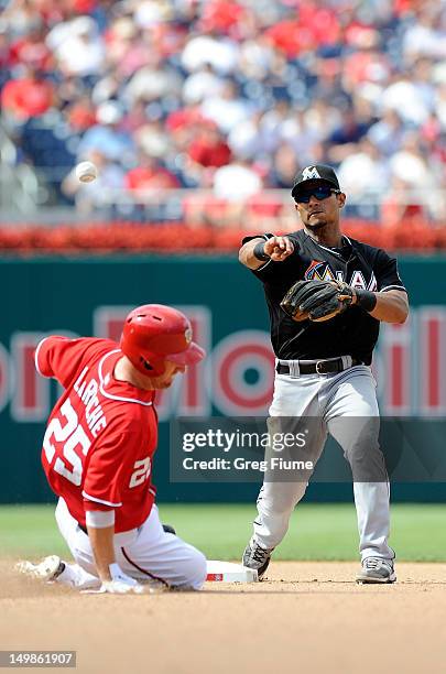 Adam LaRoche of the Washington Nationals is forced out at second base by Donovan Solano of the Miami Marlins to start a double play at Nationals Park...