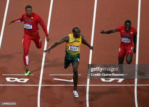 Usain Bolt of Jamaica crosses the finish line ahead of Ryan Bailey of the United States and Justin Gatlin of the United States to win the Men's 100m...