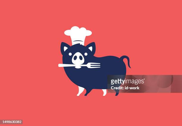 pig chef holding fork - pet clothing stock illustrations