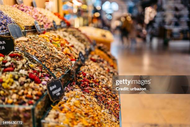 tea mixtures at the grand bazaar in istanbul - istanbul bazaar stock pictures, royalty-free photos & images