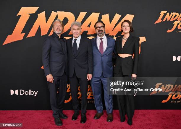 Mads Mikkelsen, Harrison Ford, James Mangold, and Phoebe Waller-Bridge attend the Los Angeles Premiere of LucasFilms' "Indiana Jones and the Dial of...