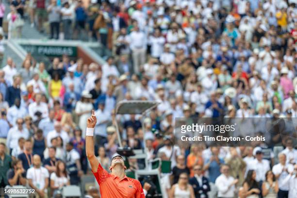 Novak Djokovic of Serbia reacts after his victory against Casper Ruud of Norway in the Men's Singles Final on Court Philippe Chatrier during the 2023...