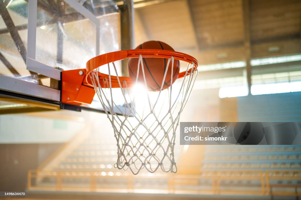 Basketball reaching in hoop