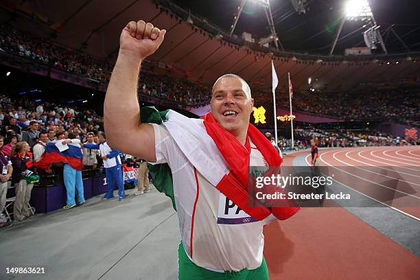 Krisztian Pars of Hungary celebrates gold in the Men's Hammer Throw Final on Day 9 of the London 2012 Olympic Games at the Olympic Stadium on August...