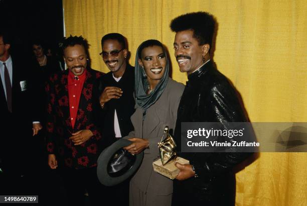 American funk band Cameo in the press room of the 1987 Soul Train Music Awards, held at the Santa Monica Civic Auditorium in Santa Monica,...