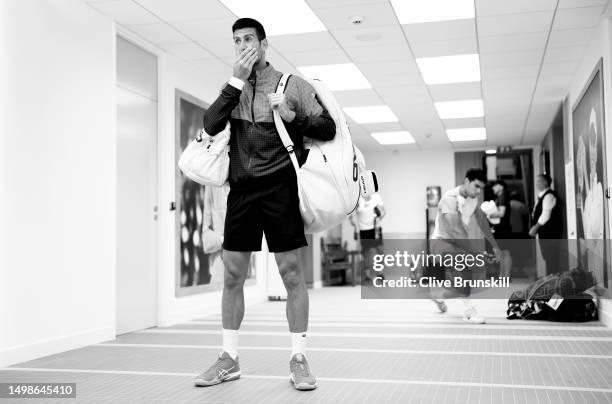 Novak Djokovic of Serbia moments before walking out for the semifinal match on Day Thirteen of the 2023 French Open at Roland Garros on June 09, 2023...