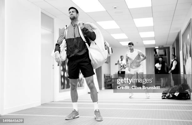 Novak Djokovic of Serbia moments before walking out for the semifinal match on Day Thirteen of the 2023 French Open at Roland Garros on June 09, 2023...