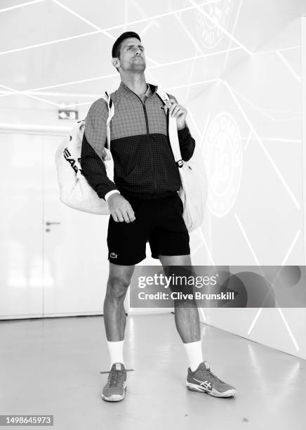 Novak Djokovic of Serbia moments before walking out for his fourth round match on Day 4 of the 2023 French Open at Roland Garros on June 04, 2023 in...