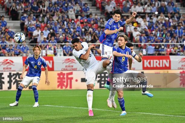 Shogo Taniguchi of Japan heads to score the team's first goal during the international friendly match between Japan and El Salvador at Toyota Stadium...
