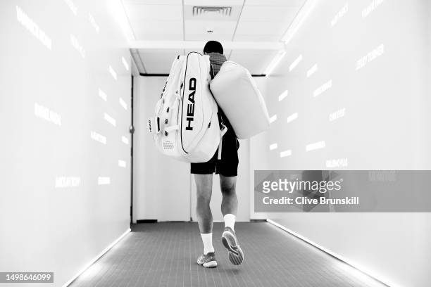 Novak Djokovic of Serbia starts his walk out on to the court from the locker room area for his second round match on Day 4 of the 2023 French Open at...
