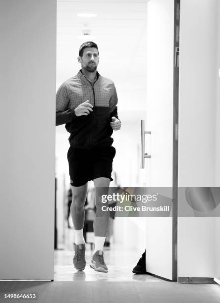 Novak Djokovic of Serbia prepares moments before walking out on to the court for his second round match on Day 4 of the 2023 French Open at Roland...