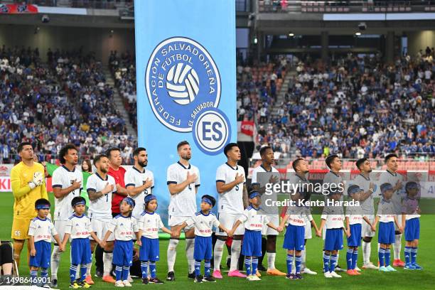 El Salvador players line up for the national anthem prior to the international friendly match between Japan and El Salvador at Toyota Stadium on June...