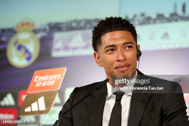 Jude Bellingham of Real Madrid CF attends to the press during his unveiling at Valdebebas training ground on June 15, 2023 in Madrid, Spain.