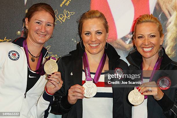 Olympians Lauren Tomayo, Jennie Reed and Dotsie Bausch visit the USA House at the Royal College of Art on August 5, 2012 in London, England.