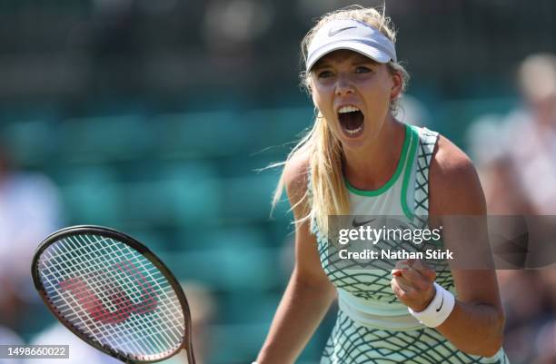 Katie Boulter of Great Britain reacts as she plays against Daria Snigur of Ukraine during the Rothesay Open at Nottingham Tennis Centre on June 15,...