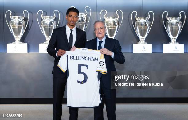 Jude Bellingham, new Real Madrid player, at his presentation with Florentino Pérez, president of Real Madrid, at Valdebebas training ground on June...