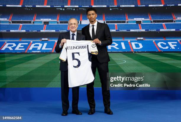 Jude Bellingham, new Real Madrid player, at his presentation with Florentino Pérez, president of Real Madrid, at Valdebebas training ground on June...