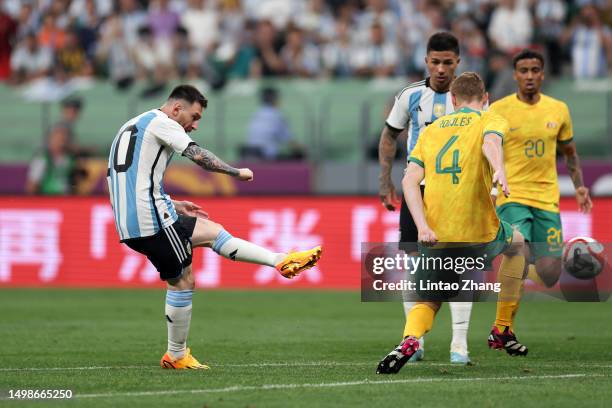 Lionel Messi of Argentina scores the team's first goal during the international friendly match between Argentina and Australia at Workers Stadium on...