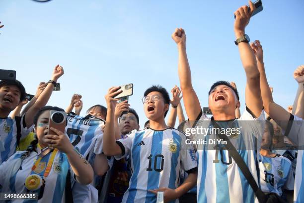 Chinese fans of Argentina cheer prior to the international friendly match between Argentina and Australia at Workers Stadium on June 15, 2023 in...