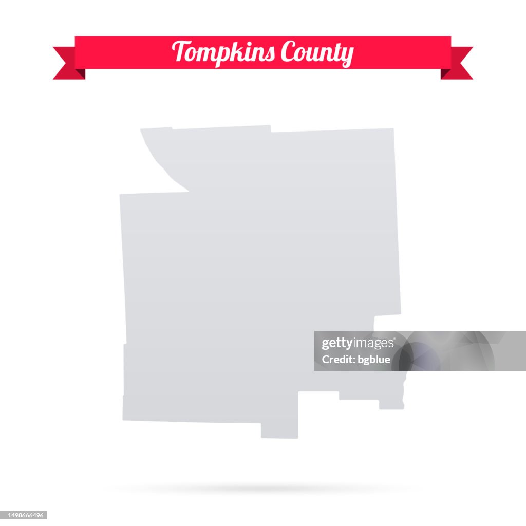 Tompkins County, New York. Map on white background with red banner