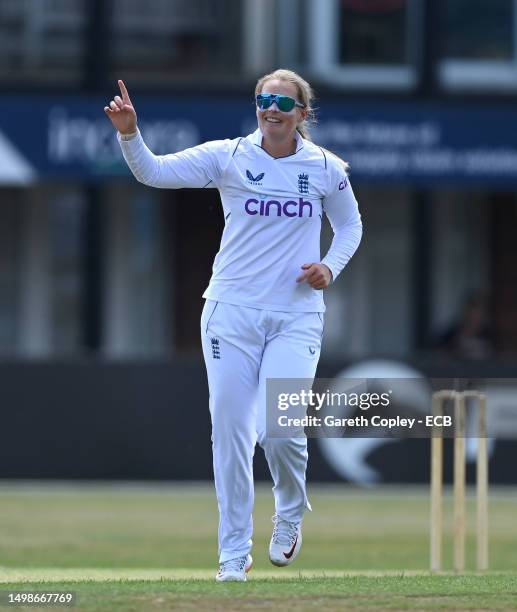 Sophie Eccleston of England celebrates dismissing Courtney Webb of Australia A during the tour game between England Women and Australia A Women at...