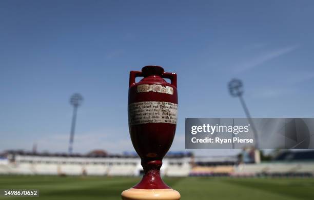 Replica Ashes Urn is photographed prior to an Australia nets session at Edgbaston on June 15, 2023 in Birmingham, England.