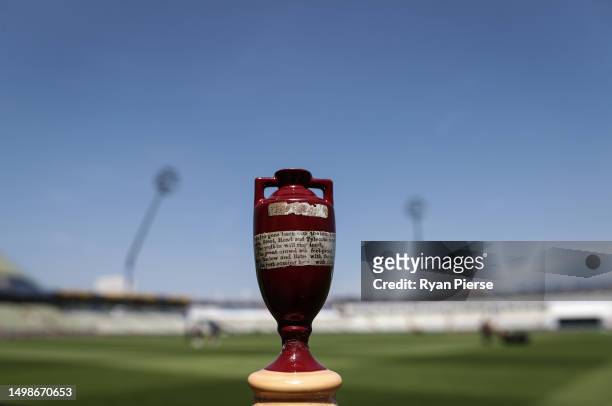 Replica Ashes Urn is photographed prior to an Australia nets session at Edgbaston on June 15, 2023 in Birmingham, England.