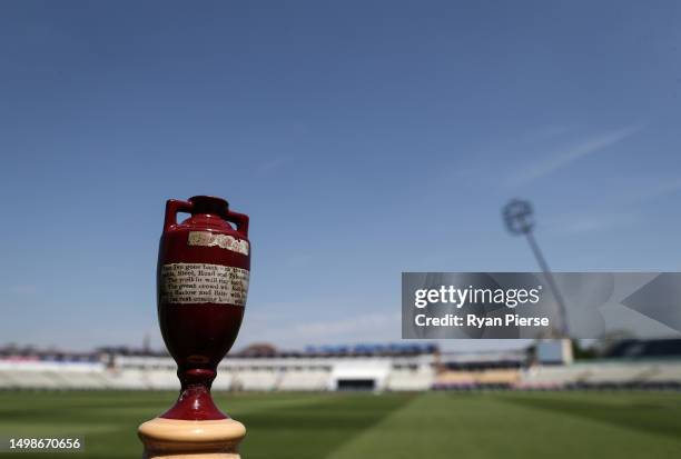 Replica Ashes Urn is photographed prior to an Australia nets session at Edgbaston on June 15, 2023 in Birmingham, England.