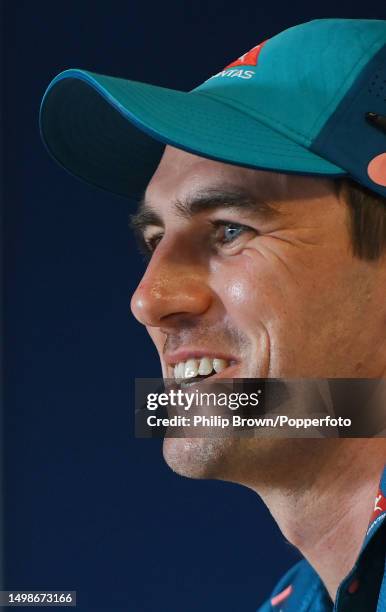 Pat Cummins of Australia smiles during a press conference at Edgbaston on June 15, 2023 in Birmingham, England.