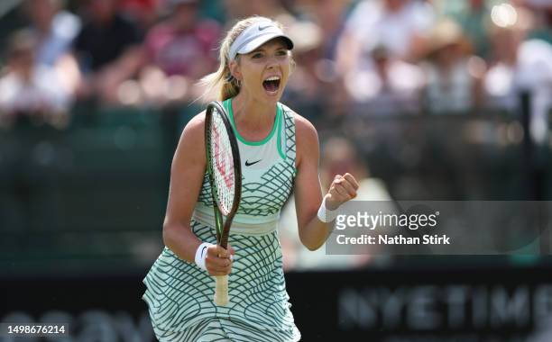 Katie Boulter of Great Britain celebrates after shes beats Daria Snigur of Ukraine during the Rothesay Open at Nottingham Tennis Centre on June 15,...