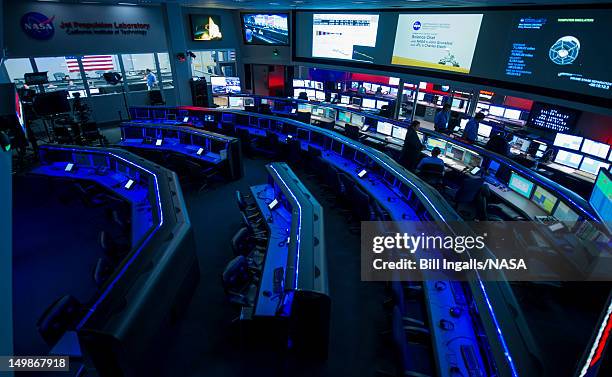 In this handout image provided by NASA, the balcony of the control rooms at the Jet Propulsion Laboratory is viewed with the Dark Room in the...