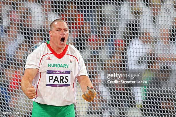 Krisztian Pars of Hungary celebrates gold in the Men's Hammer Throw Final on Day 9 of the London 2012 Olympic Games at the Olympic Stadium on August...