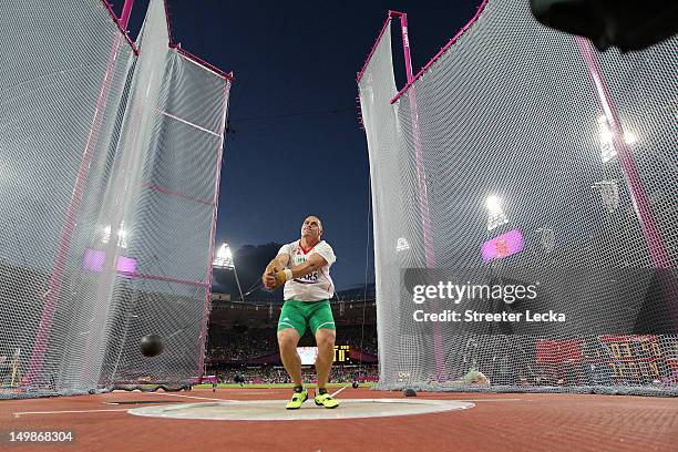 Krisztian Pars of Hungary on his way to winning gold in the Men's Hammer Throw Final on Day 9 of the London 2012 Olympic Games at the Olympic Stadium...