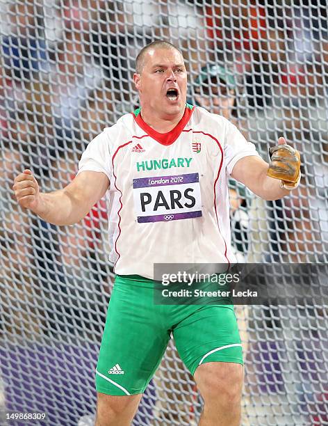 Krisztian Pars of Hungary celebrates gold in the Men's Hammer Throw Final on Day 9 of the London 2012 Olympic Games at the Olympic Stadium on August...