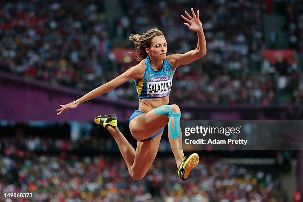 Olha Saladuha of Ukraine competes in the Women's Triple Jump final on Day 9 of the London 2012 Olympic Games at the Olympic Stadium on August 5, 2012...