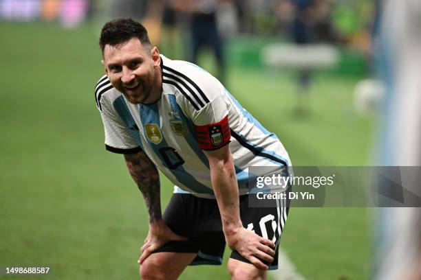 Lionel Messi of Argentina smiles during the international friendly match between Argentina and Australia at Workers Stadium on June 15, 2023 in...