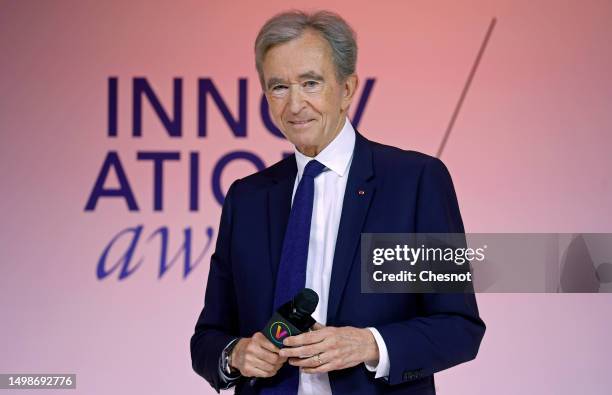 Chairman and Chief Executive Officer of LVMH Moet Hennessy Louis Vuitton, Bernard Arnault delivers a speech during the Viva Technology conference at...