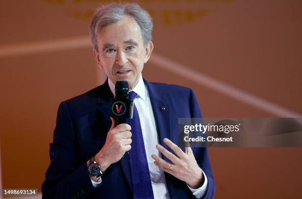 Chairman and Chief Executive Officer of LVMH Moet Hennessy Louis Vuitton, Bernard Arnault delivers a speech during the Viva Technology conference at...