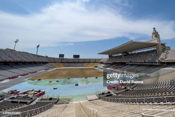 General view of the inside of the Lluis Companys Olympic Stadium on June 15, 2023 in Barcelona, Spain. The men's football team will be playing at...
