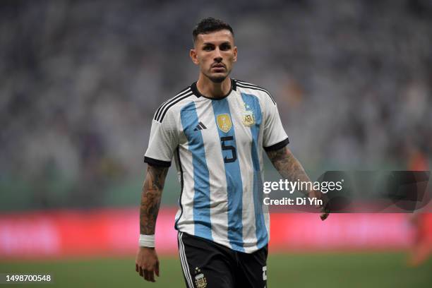 Leandro Paredes of Argentina looks on during the international friendly match between Argentina and Australia at Workers Stadium on June 15, 2023 in...