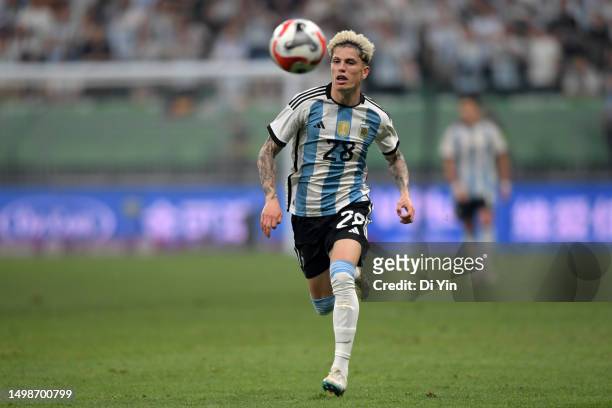 Alejandro Garnacho of Argentina in action during the international friendly match between Argentina and Australia at Workers Stadium on June 15, 2023...