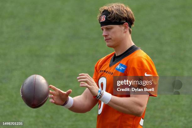 Joe Burrow of the Cincinnati Bengals participates in a drill during an offseason workout at Paycor Stadium on June 15, 2023 in Cincinnati, Ohio.